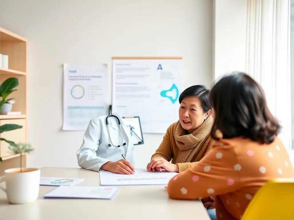 A doctor explaining treatment options to a patient and their family, using visual aids to illustrate the process and potential outcomes.