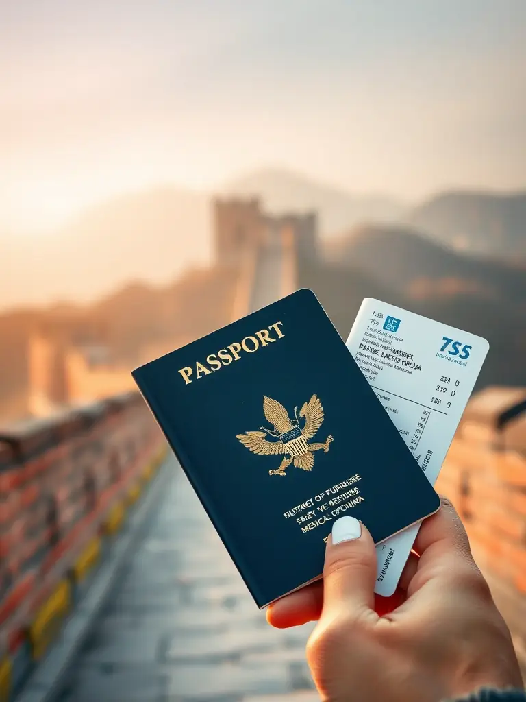 A person holding a passport and plane ticket, with a subtle background of the Great Wall of China, symbolizing medical travel.