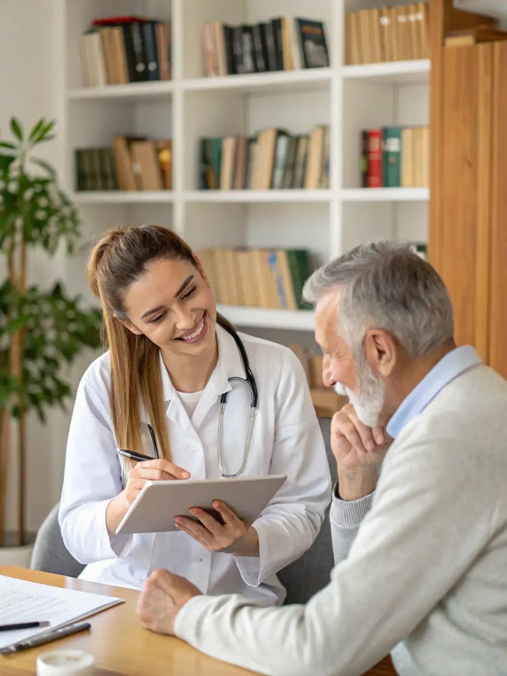 A doctor and patient discussing treatment plans face-to-face, with a focus on clear communication and understanding, in a modern hospital room.