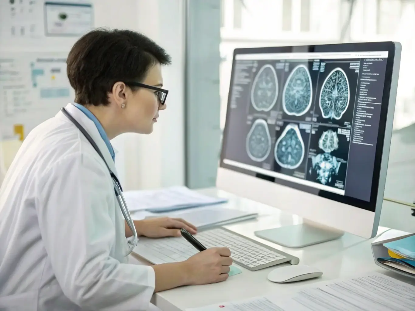 A medical professional reviewing a patient's scan, highlighting areas of concern and discussing treatment options in a consultation room.
