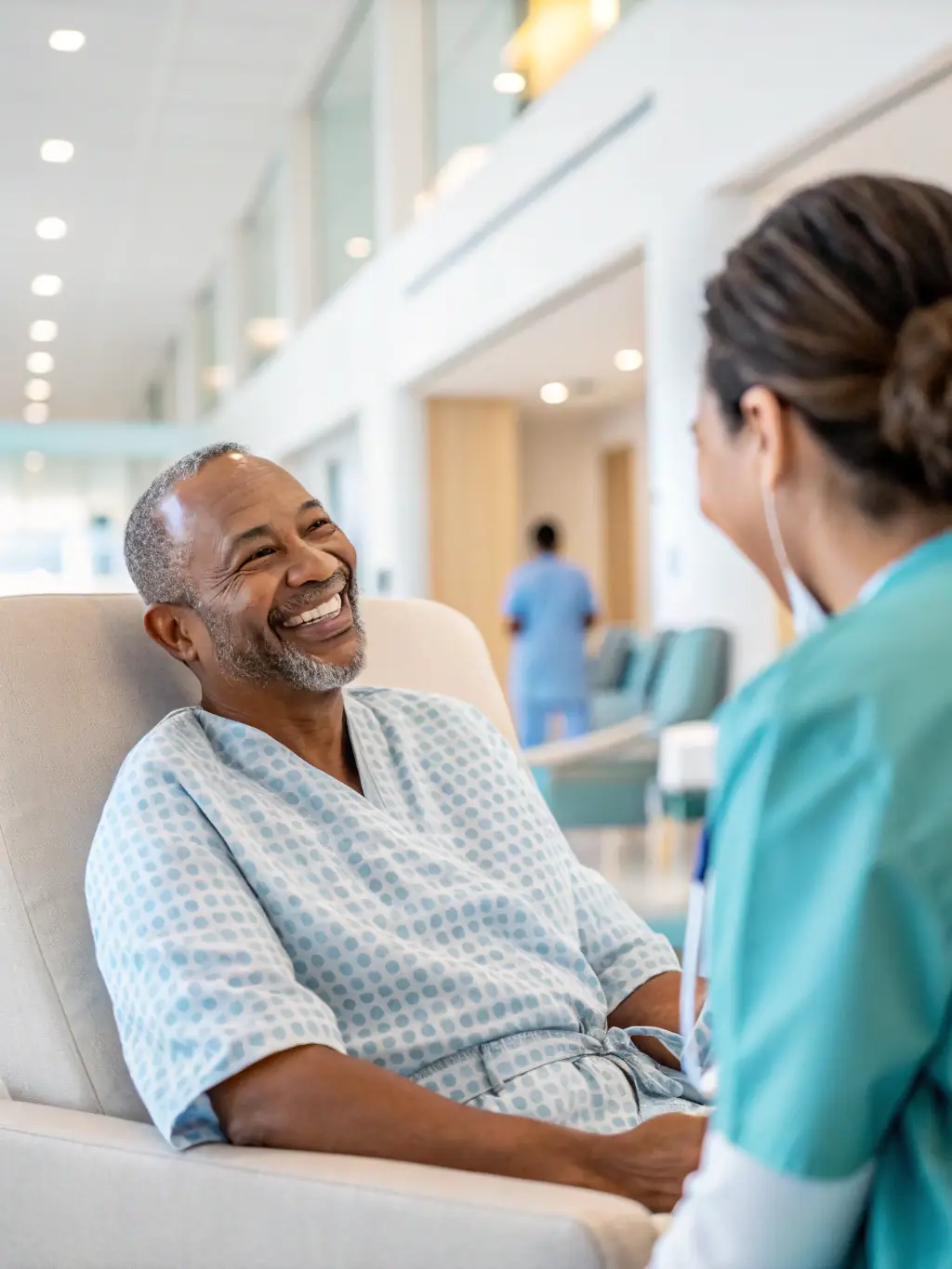 A patient being greeted at a modern Chinese hospital by a medical professional, with a focus on warmth and reassurance.